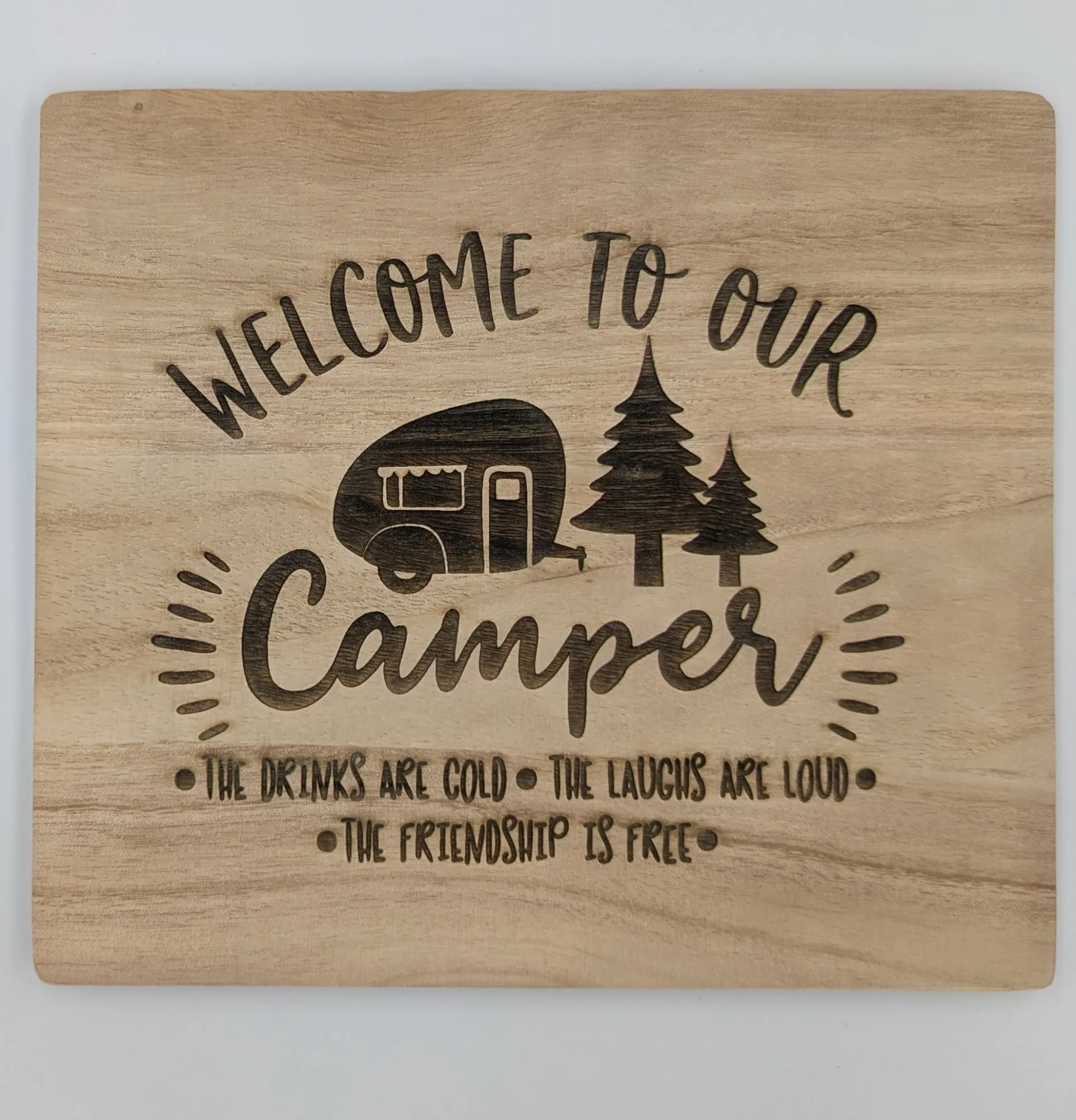Laser-engraved wooden camper sign